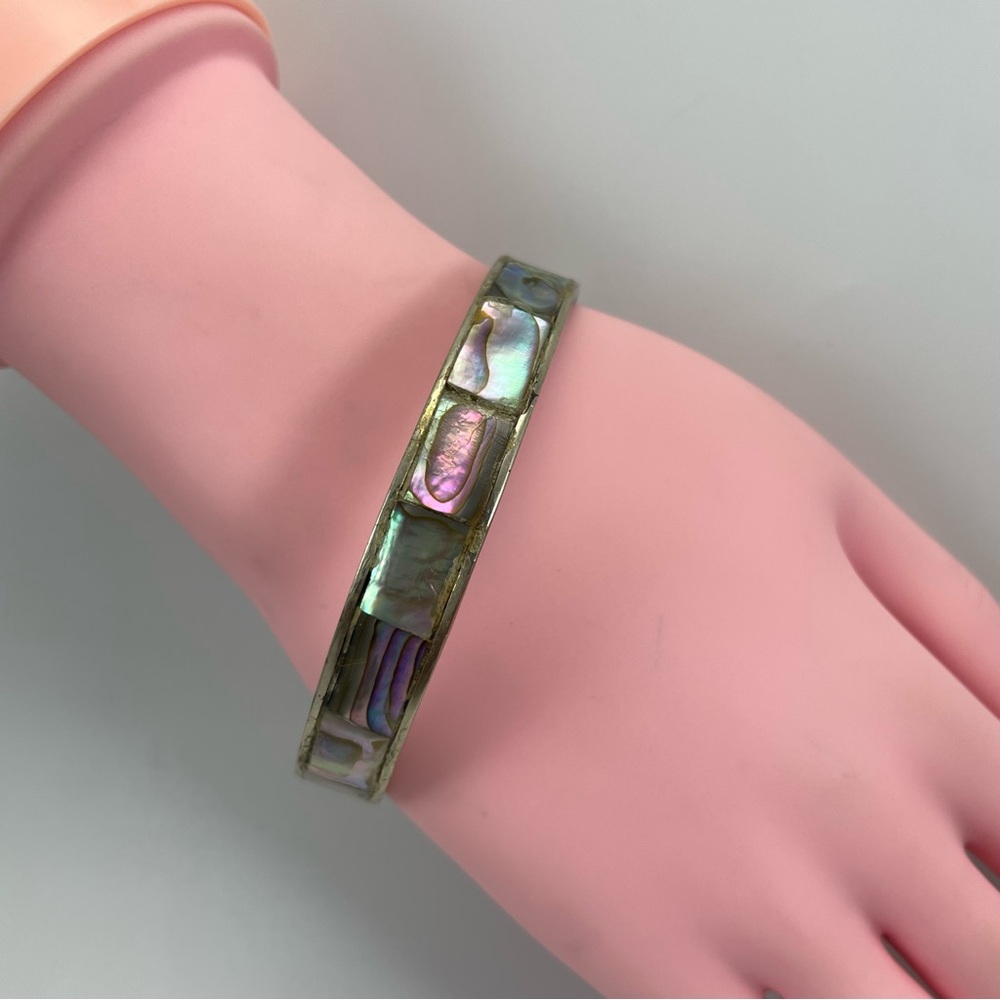 Beautiful Vintage Mexico Silver Texco Abalone Shell Inlay Silver Bangle Bracelet